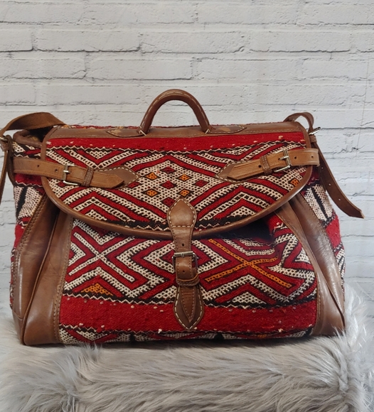 Moroccan Vtg Killim Leather Carry All Weekende - Picture 1 of 8